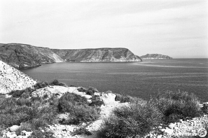A scenic black and white view of a coastline, featuring a curving shoreline with rocky cliffs and gentle waves. Grassy patches dot the rugged terrain, leading to a calm sea that extends to the horizon under a clear sky.