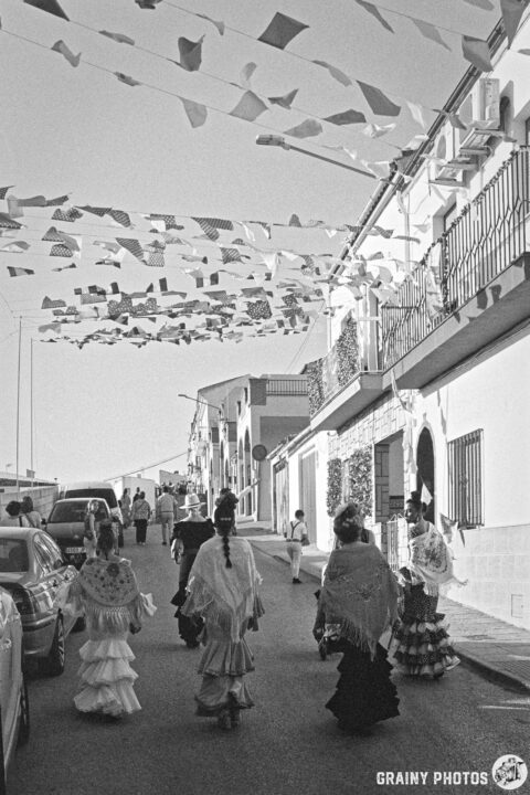 Women in traditional dresses walk down a street adorned with colorful festive bunting. The scene captures a lively atmosphere, showcasing cultural celebration and community spirit in a picturesque setting.