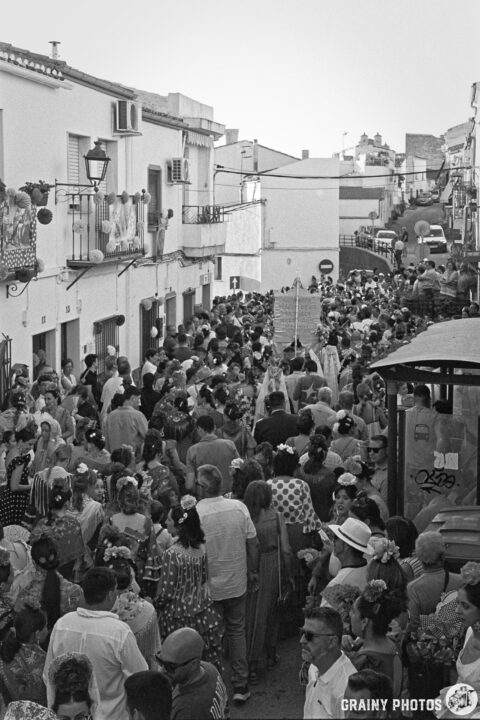 A bustling street filled with a large crowd dressed in traditional attire, participating in the Romeria festivities. Buildings line the narrow street, and a lively atmosphere is created by the gathering.